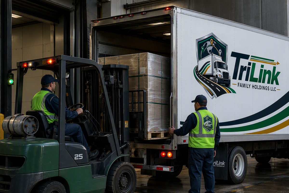 A forklift placing a wrapped pallet into a TriLink box truck while a crew member in a hi-vis vest guides it in.