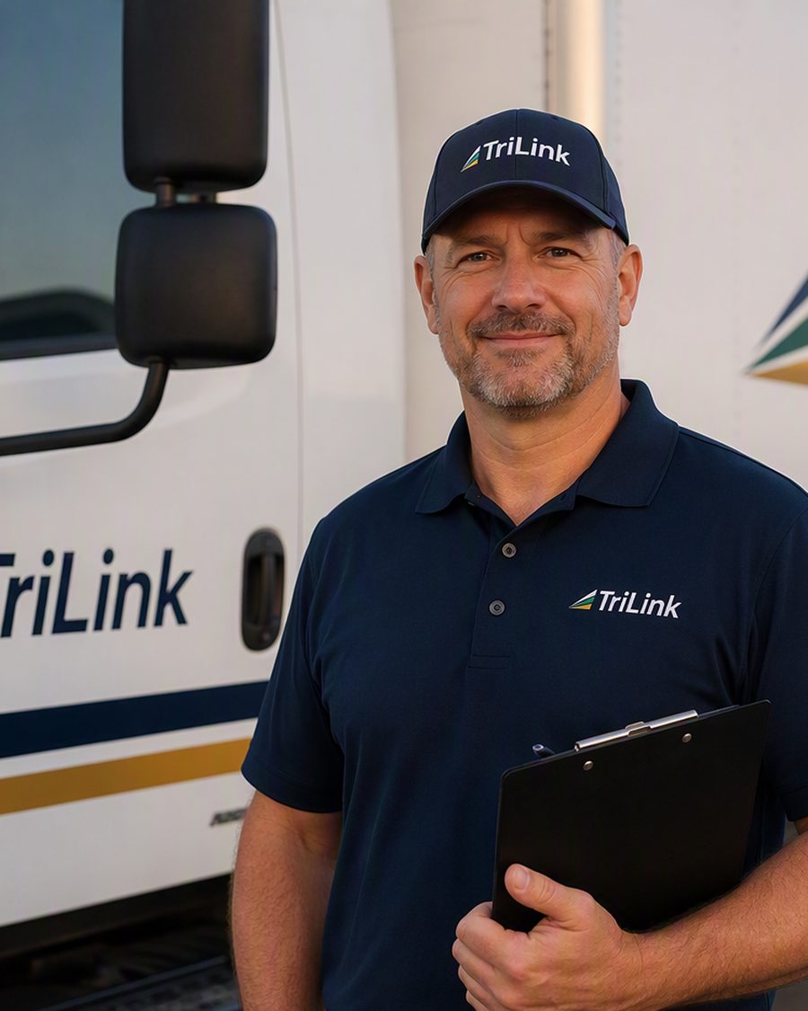 A TriLink driver in a company cap and polo standing at the cab door holding a clipboard.
