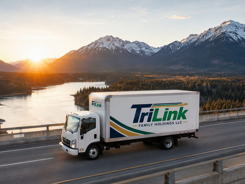 A TriLink box truck crossing a bridge at sunrise with mountains and open water behind it.